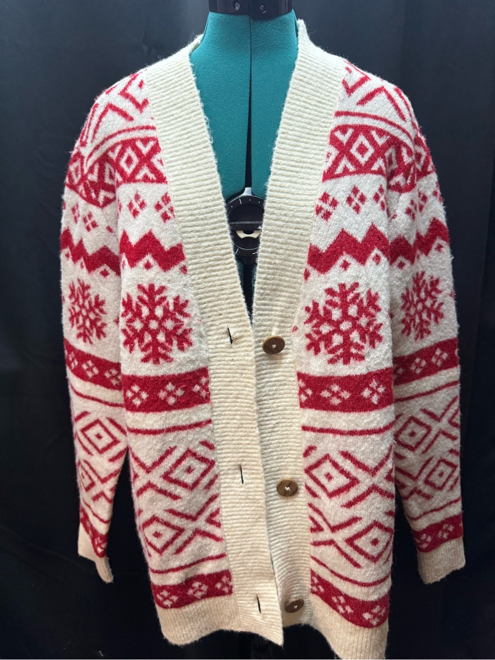Holiday Time Cream and Red Fair Isle Snowflake Cardigan
